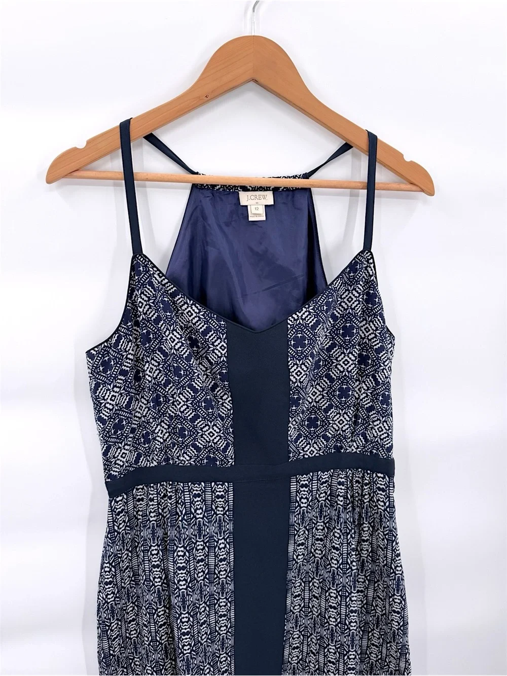 J.Crew Navy White Geometric Print Strappy Maxi Dress Side Slit Size 12
